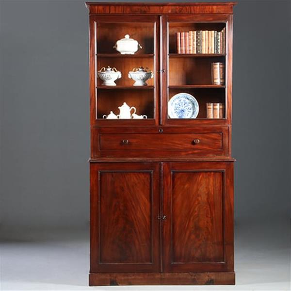 Grote foto hoge boekenkast mahonie met archiefklep en prachtig oud glas ca. 1830 no.920305 antiek en kunst stoelen en banken