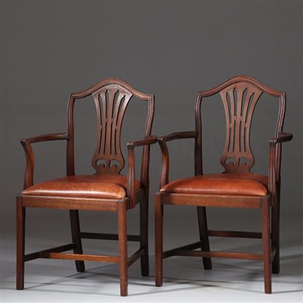 Grote foto stel van 2 armstoelen bureaustoelen met bruin leer ca 1900 georgianstijl no.941835 antiek en kunst stoelen en banken