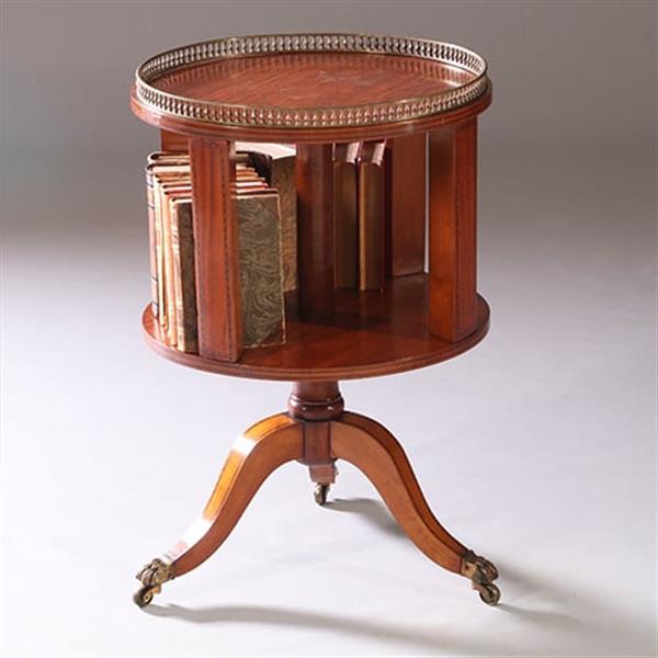 Grote foto ronde mahonie boekenmolen wijntafel met bronzen reling ca 1915 ingelegde biezen no.950140 antiek en kunst stoelen en banken