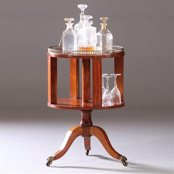 Grote foto ronde mahonie boekenmolen wijntafel met bronzen reling ca 1915 ingelegde biezen no.950140 antiek en kunst stoelen en banken