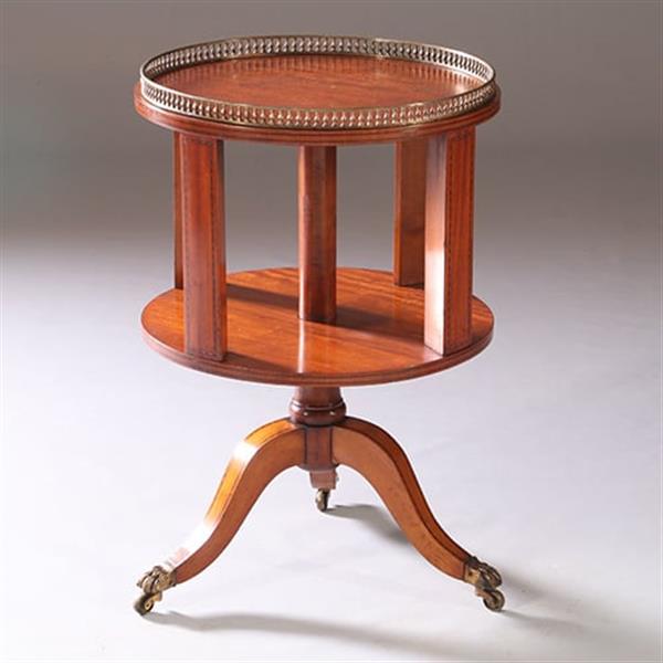 Grote foto ronde mahonie boekenmolen wijntafel met bronzen reling ca 1915 ingelegde biezen no.950140 antiek en kunst stoelen en banken