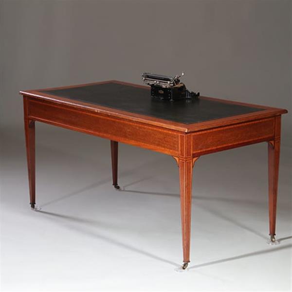Grote foto engelse strakke schrijftafel maple co ca 1910 met groen leer ingelegd no960435 antiek en kunst stoelen en banken