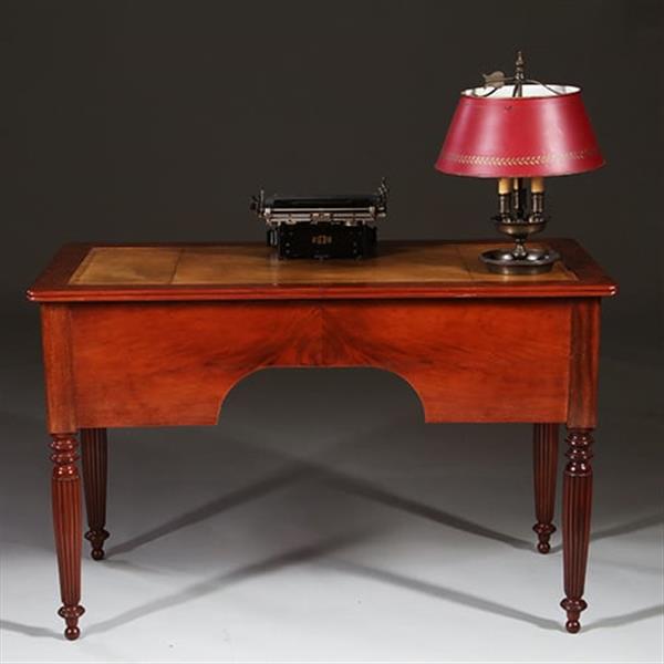 Grote foto franse schrijftafel in acajou mouchet of plum pudding mahonie ca 1830 met groen leer no.960450 antiek en kunst stoelen en banken