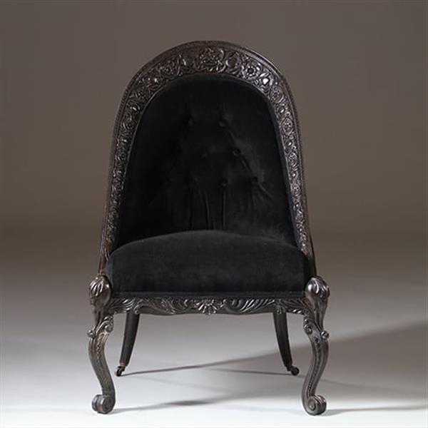 Grote foto koloniale dames zetel massief ebbenhout ca 1800 met zwarte velours en 2 olifanten kopjes no.922860 antiek en kunst stoelen en banken
