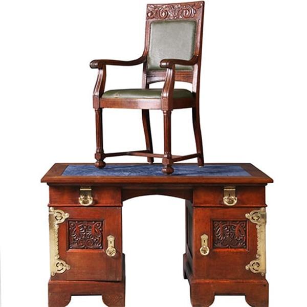 Grote foto art nouveau bureau met brons beslag en armstoel incl stof en leer naar wens no. 211115 antiek en kunst stoelen en banken