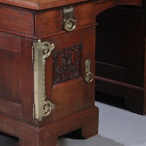 Grote foto art nouveau bureau met brons beslag en armstoel incl stof en leer naar wens no. 211115 antiek en kunst stoelen en banken