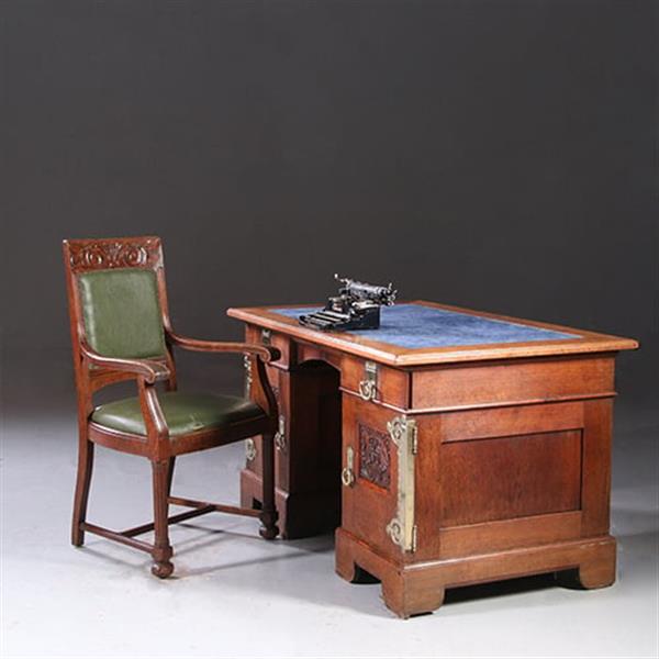 Grote foto art nouveau bureau met brons beslag en armstoel incl stof en leer naar wens no. 211115 antiek en kunst stoelen en banken