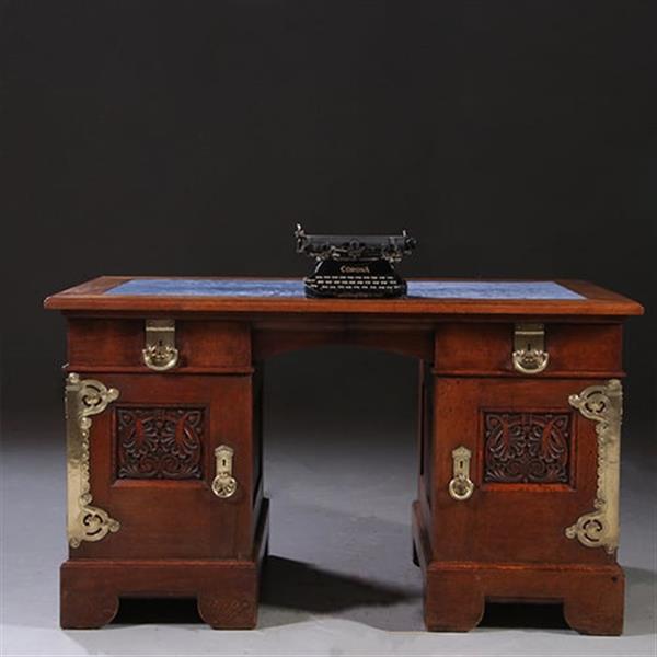 Grote foto art nouveau bureau met brons beslag en armstoel incl stof en leer naar wens no. 211115 antiek en kunst stoelen en banken