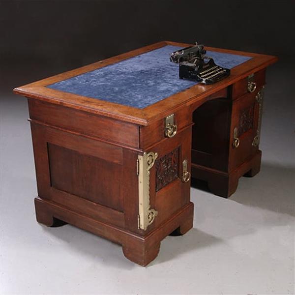 Grote foto art nouveau bureau met brons beslag en armstoel incl stof en leer naar wens no. 211115 antiek en kunst stoelen en banken