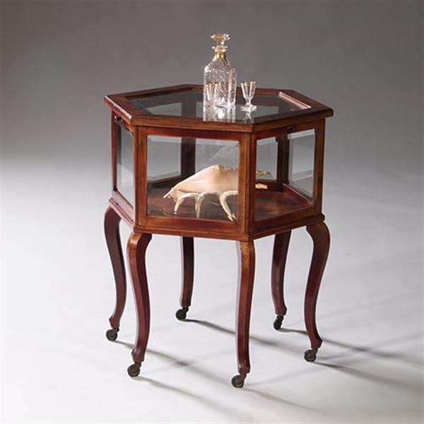 Grote foto hexagonaal vitrinetafeltje in notenhout met drie klepjes ca 1900 no.211705 antiek en kunst stoelen en banken