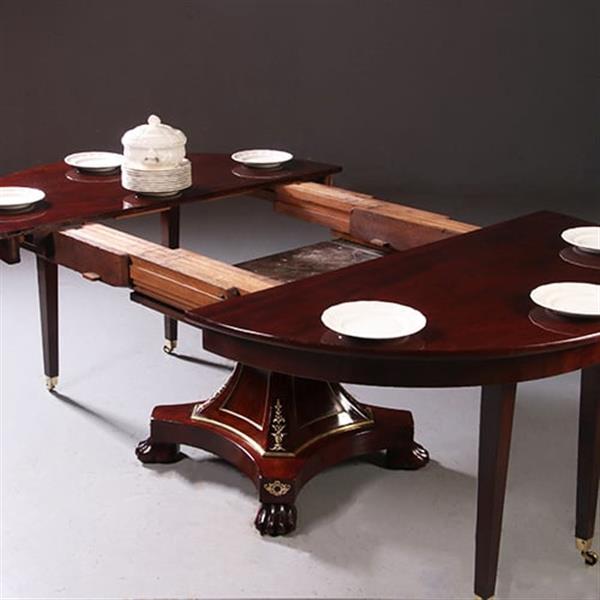 Grote foto empire coulissetafel ca 1810 in mahonie met bloemmahonie op sluierpoot met veel brons beslag no.96 antiek en kunst stoelen en banken