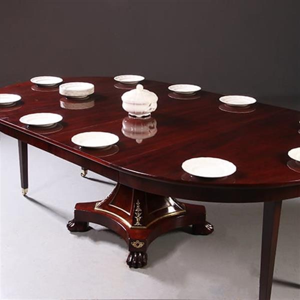 Grote foto empire coulissetafel ca 1810 in mahonie met bloemmahonie op sluierpoot met veel brons beslag no.96 antiek en kunst stoelen en banken