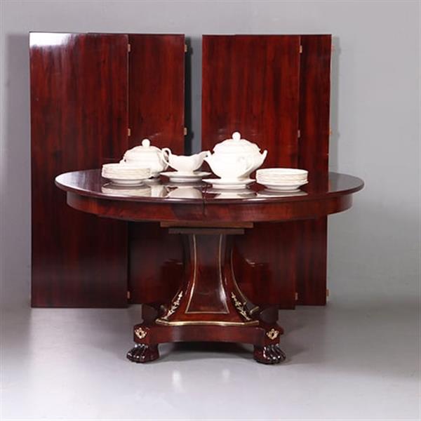 Grote foto empire coulissetafel ca 1810 in mahonie met bloemmahonie op sluierpoot met veel brons beslag no.96 antiek en kunst stoelen en banken