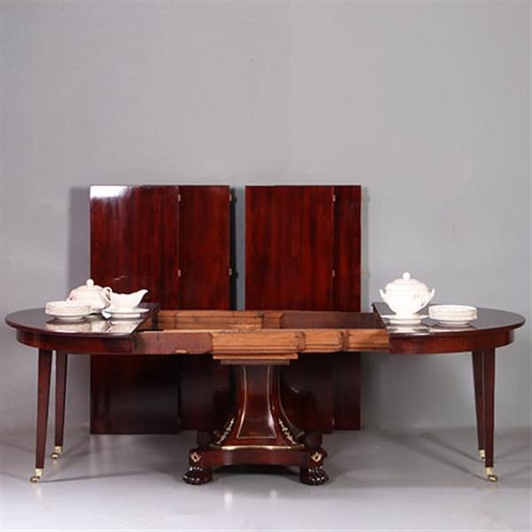 Grote foto empire coulissetafel ca 1810 in mahonie met bloemmahonie op sluierpoot met veel brons beslag no.96 antiek en kunst stoelen en banken