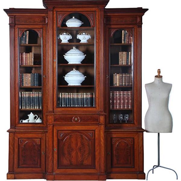 Grote foto bibliotheekkast 2 60 m hoog met 6 deuren en dubbel break front ca. 1880 facet geslepen glas no.222 antiek en kunst stoelen en banken