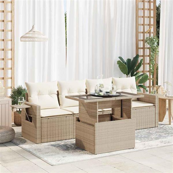Grote foto vidaxl 5 delige loungeset met kussens poly rattan beige tuin en terras tuinmeubelen