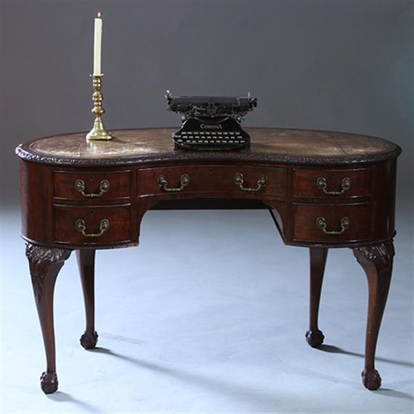 Grote foto niervormig bureau met fabelachtig mooi oud leer en 5 laden ca 1900 no.230210 antiek en kunst overige in antiek gebruiksvoorwerpen