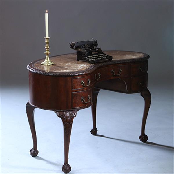 Grote foto niervormig bureau met fabelachtig mooi oud leer en 5 laden ca 1900 no.230210 antiek en kunst overige in antiek gebruiksvoorwerpen