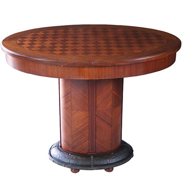 Grote foto art and craft mahonie bijzettafel met blokmoza ek blad en brons beslagen voet ca 1890 no.222175 antiek en kunst stoelen en banken