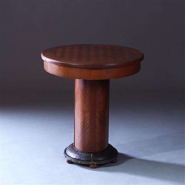 Grote foto art and craft mahonie bijzettafel met blokmoza ek blad en brons beslagen voet ca 1890 no.222175 antiek en kunst stoelen en banken