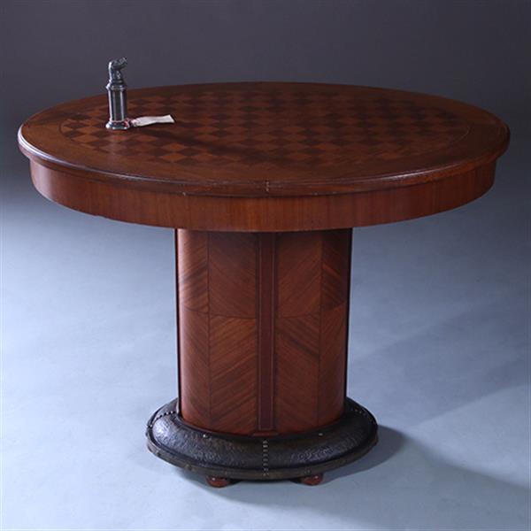 Grote foto art and craft mahonie bijzettafel met blokmoza ek blad en brons beslagen voet ca 1890 no.222175 antiek en kunst stoelen en banken
