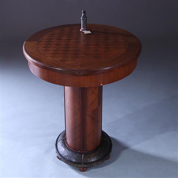 Grote foto art and craft mahonie bijzettafel met blokmoza ek blad en brons beslagen voet ca 1890 no.222175 antiek en kunst stoelen en banken