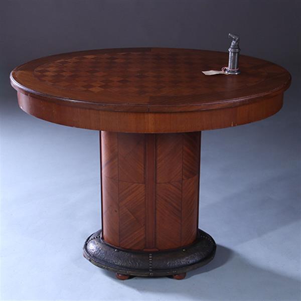 Grote foto art and craft mahonie bijzettafel met blokmoza ek blad en brons beslagen voet ca 1890 no.222175 antiek en kunst stoelen en banken