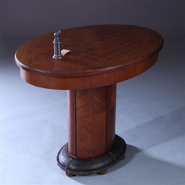 Grote foto art and craft mahonie bijzettafel met blokmoza ek blad en brons beslagen voet ca 1890 no.222175 antiek en kunst stoelen en banken