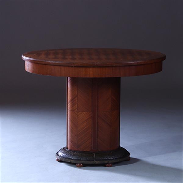 Grote foto art and craft mahonie bijzettafel met blokmoza ek blad en brons beslagen voet ca 1890 no.222175 antiek en kunst stoelen en banken