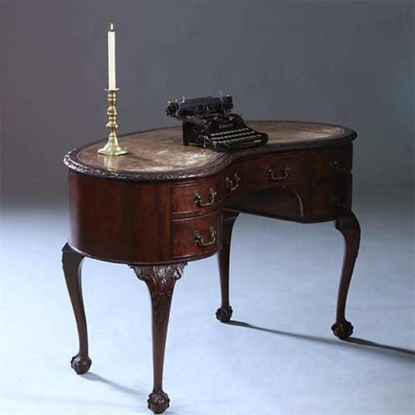 Grote foto niervormig bureau met fabelachtig mooi oud leer en 5 laden ca 1900 no.230210 antiek en kunst overige in antiek gebruiksvoorwerpen