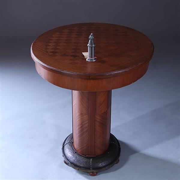Grote foto art and craft mahonie bijzettafel met blokmoza ek blad en brons beslagen voet ca 1890 no.222175 antiek en kunst stoelen en banken