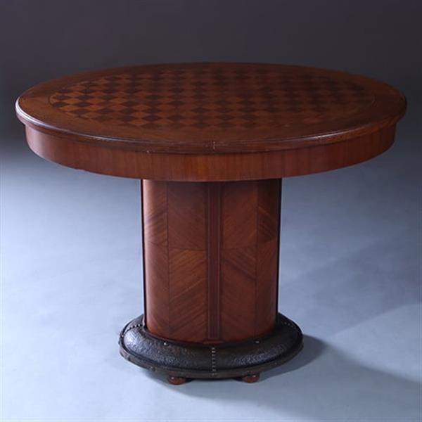 Grote foto art and craft mahonie bijzettafel met blokmoza ek blad en brons beslagen voet ca 1890 no.222175 antiek en kunst stoelen en banken