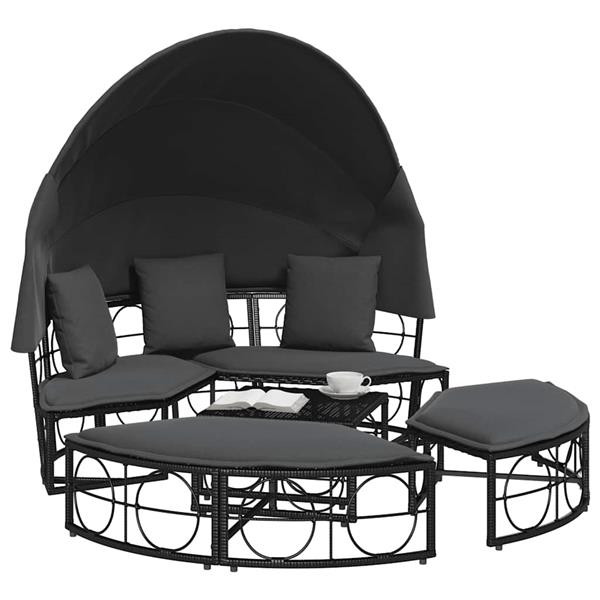 Grote foto vidaxl loungebed met luifel en kussens poly rattan zwart tuin en terras tuinmeubelen