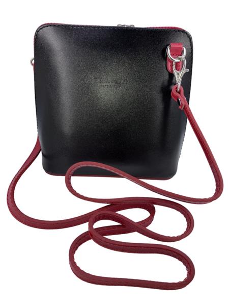 Grote foto zwart met rode details vera pelle italiaans leren schoudertasje rits rondom kleding dames sieraden
