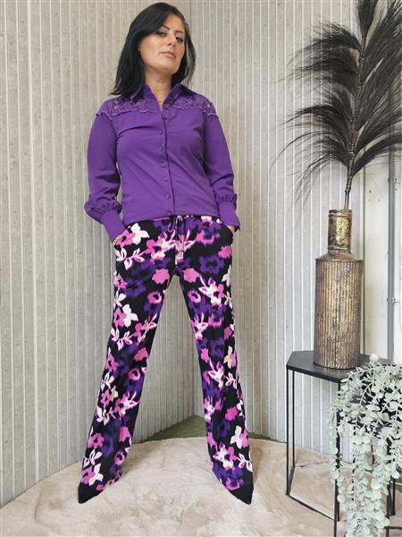 Grote foto travel pantalon flowers print devi 2089 purple kleding dames overige kledingstukken
