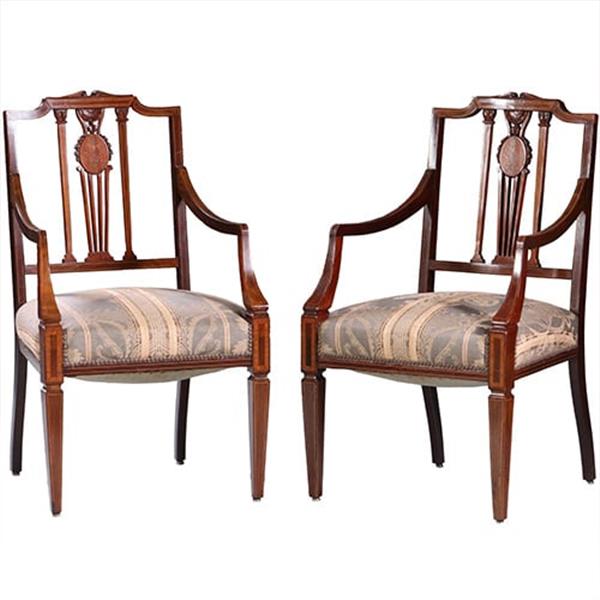 Grote foto stel armstoelen met zeer fraai ingelegde medaillons ca 1900 incl stoffering naar wens no.212805 antiek en kunst stoelen en banken
