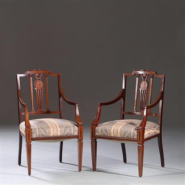 Grote foto stel armstoelen met zeer fraai ingelegde medaillons ca 1900 incl stoffering naar wens no.212805 antiek en kunst stoelen en banken