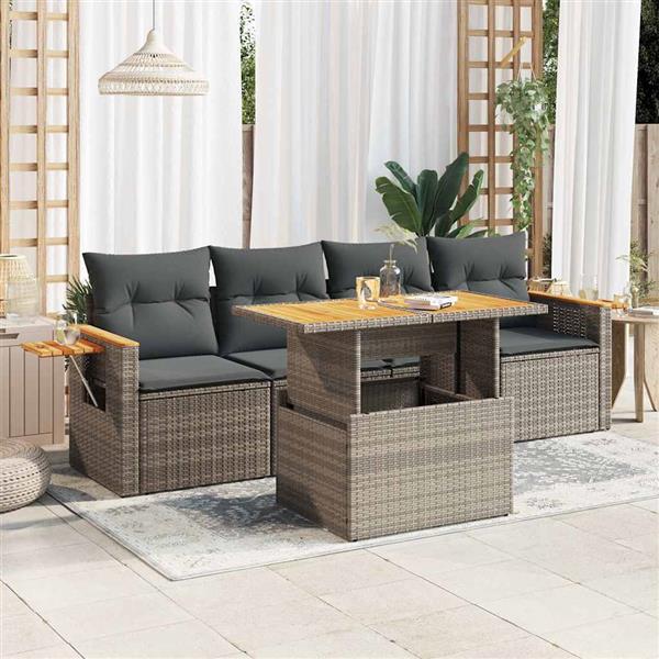 Grote foto vidaxl 5 delige loungeset met kussens poly rattan acacia grijs tuin en terras tuinmeubelen