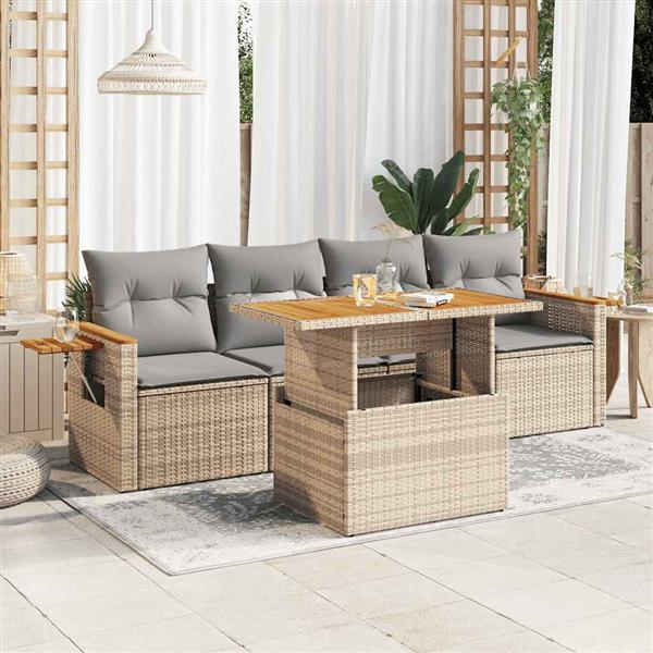 Grote foto vidaxl 5 delige loungeset met kussens poly rattan en acaciahout beige tuin en terras tuinmeubelen