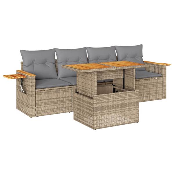 Grote foto vidaxl 5 delige loungeset met kussens poly rattan en acaciahout beige tuin en terras tuinmeubelen