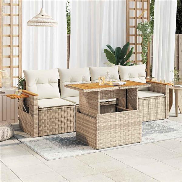 Grote foto vidaxl 5 delige loungeset met kussens poly rattan en acaciahout beige tuin en terras tuinmeubelen