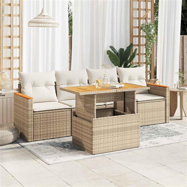 Grote foto vidaxl 5 delige loungeset met kussens poly rattan en acaciahout beige tuin en terras tuinmeubelen