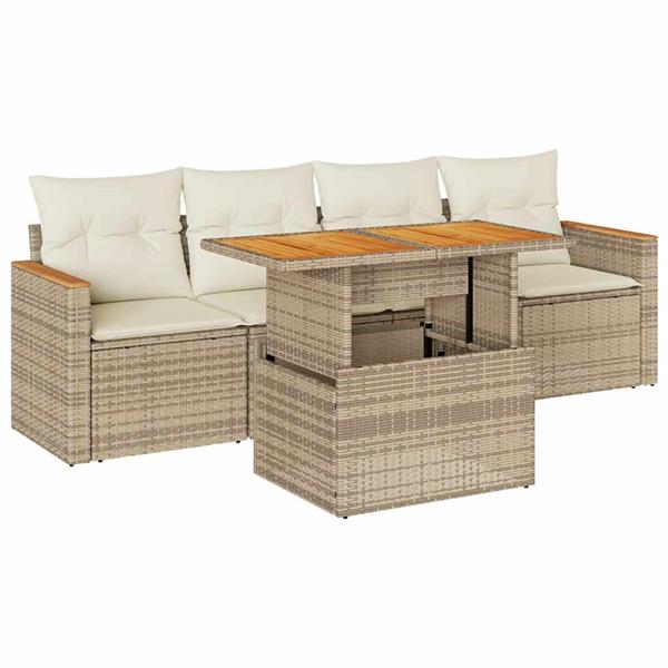 Grote foto vidaxl 5 delige loungeset met kussens poly rattan en acaciahout beige tuin en terras tuinmeubelen