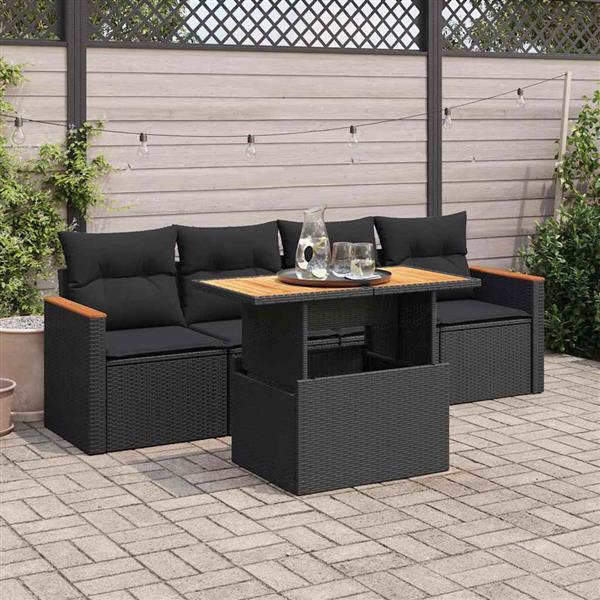 Grote foto vidaxl 5 delige loungeset met kussens poly rattan acacia zwart tuin en terras tuinmeubelen
