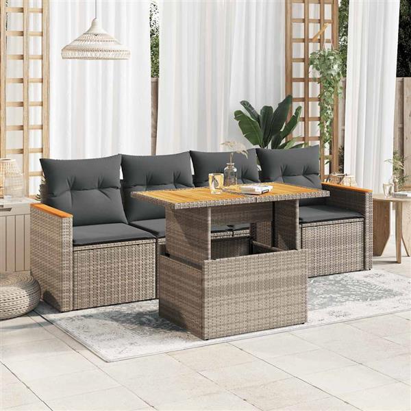 Grote foto vidaxl 5 delige loungeset met kussens poly rattan acacia grijs tuin en terras tuinmeubelen
