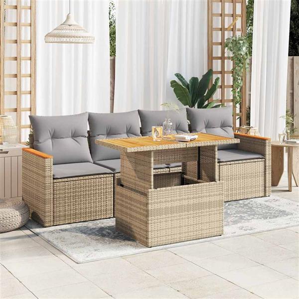 Grote foto vidaxl 5 delige loungeset met kussens poly rattan en acaciahout beige tuin en terras tuinmeubelen
