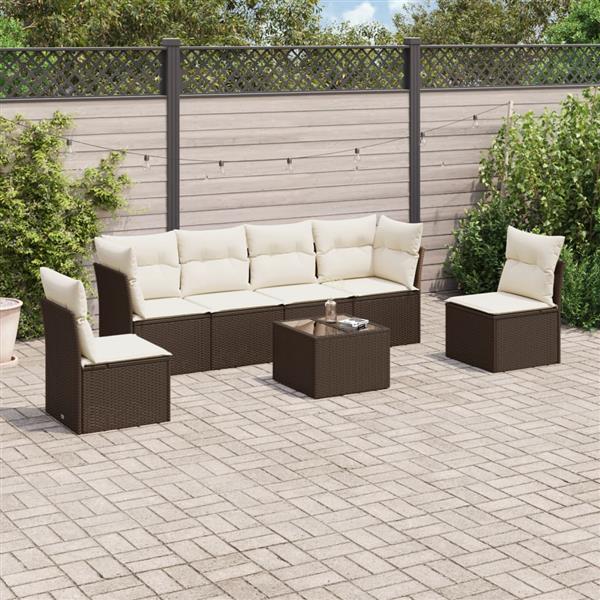 Grote foto vidaxl 7 delige loungeset met kussens poly rattan bruin tuin en terras tuinmeubelen