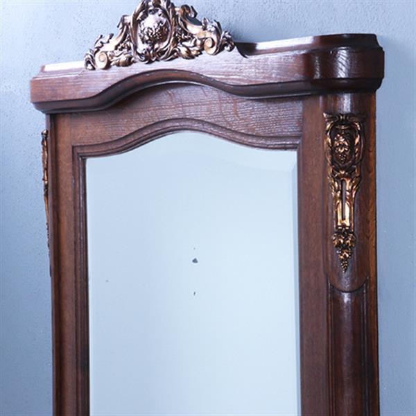 Grote foto schouwspiegel met facetgeslepen spiegelglas in eikenhouten lijst met bronzen ornamenten ca 1875 no. antiek en kunst spiegels