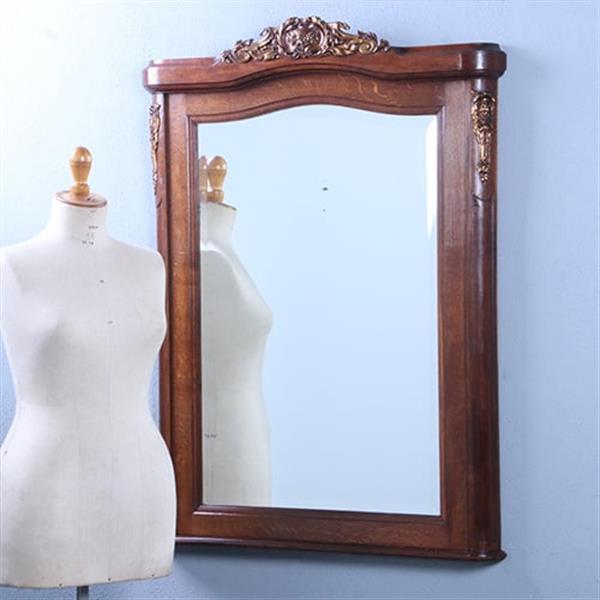 Grote foto schouwspiegel met facetgeslepen spiegelglas in eikenhouten lijst met bronzen ornamenten ca 1875 no. antiek en kunst spiegels