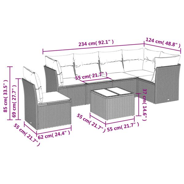 Grote foto vidaxl 7 delige loungeset met kussens poly rattan bruin tuin en terras tuinmeubelen